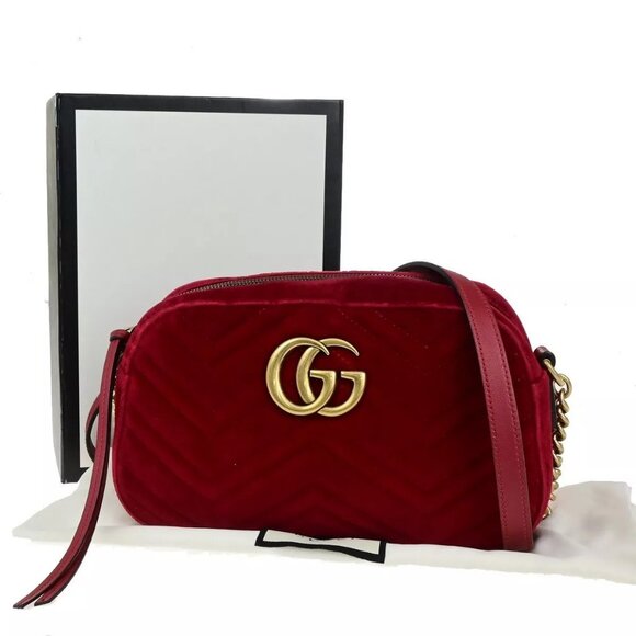 GUCCI GG Marmont Quilting Chain Shoulder Bag Velvet Leather Red authentic - Picture 1 of 14